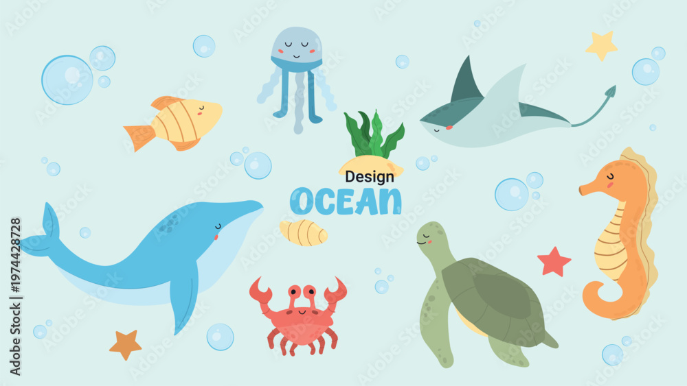 Obraz premium Ocean Animals Collection. Perfect for kids' educational materials, nursery decor, and summer designs. Flat vector illustration of marine life isolated on a light blue background with bubbles, stars.