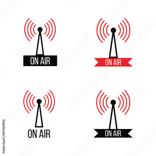 Four variations of a radio tower broadcasting signal with on air text silhouette high quality professional