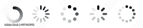 Set of loading icons in black and white circular progress symbols vector illustration