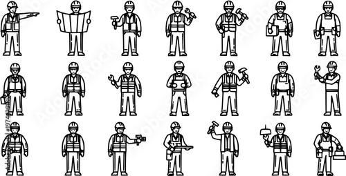 Construction Workers Line Art Icons. Set of Black and White Outline Illustrations Depicting Builders, Engineers, and Tradesmen with Tools.