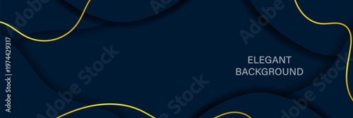 Abstract background with dark blue layered shapes and flowing golden lines. Elegant composition with smooth curves