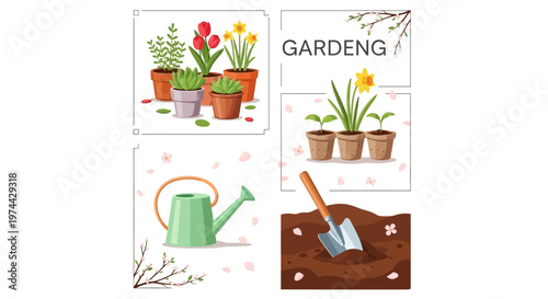 Vector illustration showcasing potted spring plants and gardening tools, set against a clean white background, exhibiting a cheerful and vibrant color palette, ideal for depicting a home