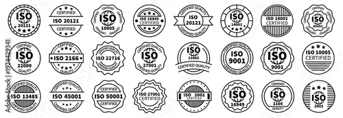 ISO certification badges collection with various stamps and quality labels. Official standard symbols in black line style
