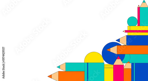 Colorful school supplies stacked high, Back to school concept with copy space for text, education and learning materials