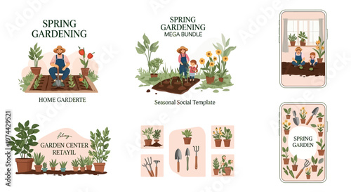 Collection of spring gardening illustrations depicting people planting, set against clean white backgrounds and designed in a soft, pastel color palette with a home garden lifestyle focus