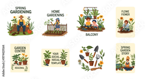 Vector illustrations showcase home garden lifestyle with people enjoying spring gardening and planting, set against a clean white background with pastel colors and a cheerful mood