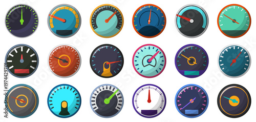 Speedometer gauges collection with colorful dashboard dials and indicator needles. Automotive measurement elements