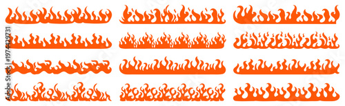 Fire flames collection with stylized burning shapes and decorative patterns. Abstract heat elements for design accents and visual effects