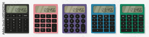 Calculators collection with digital screens and numeric buttons layouts. Office tools for accounting and financial calculations