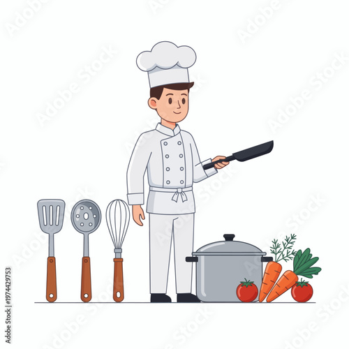 A chef with cooking utensils and fresh vegetables ready to prepare a meal
