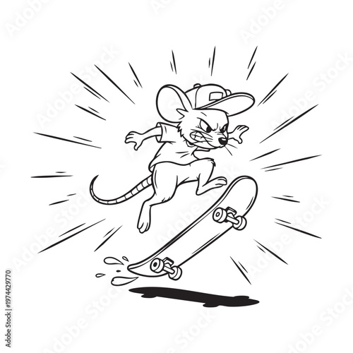 Cartoon mouse aggressively skateboarding with speed lines a dynamic and energetic illustration silhouette high quality professional