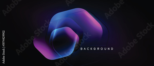 Abstract neon shapes overlap, creating vibrant glow. Dark background emphasizes luminous design elements. Modern, futuristic aesthetic.