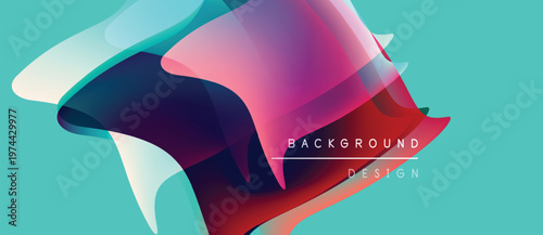 Abstract fluid shapes overlap, creating vibrant color gradients. Turquoise background complements design elements. Modern aesthetic.