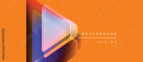 Abstract geometric design. Orange backdrop features layered triangle shapes, gradients, text elements. Modern, vibrant visual composition.