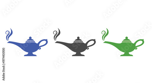 Three stylized magic genie lamps in blue, black, and green emitting wisps of smoke on a white background