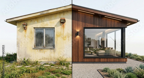 Before and after of a house renovation showing modern transformation