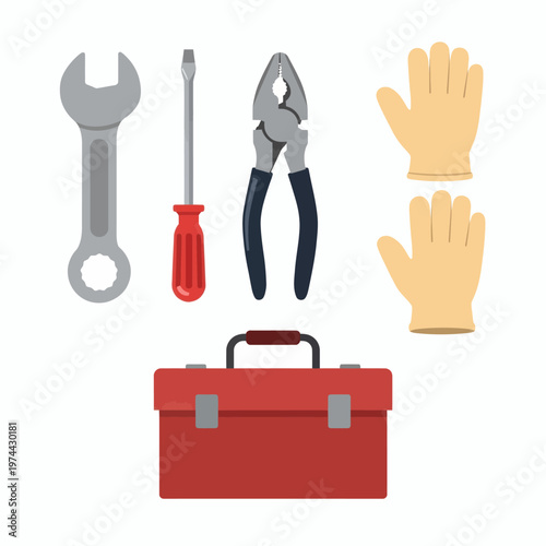 Toolbox with wrench, screwdriver, pliers and work gloves