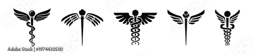 Medical caduceus symbols silhouette set with winged rods and snakes illustration