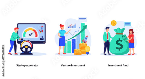 Start up accelerator, Venture investment, investment fund. Business incubator abstract concept vector illustration set.