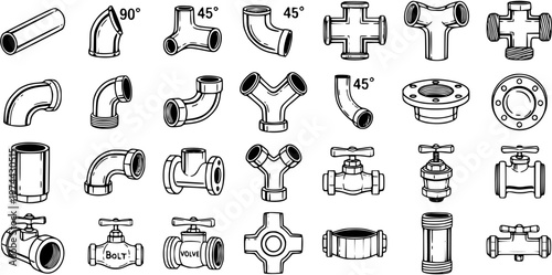 Industrial Plumbing Pipe Fittings and Valves Black and White Line Art Icon Set for Water, Gas, and Construction Engineering Systems