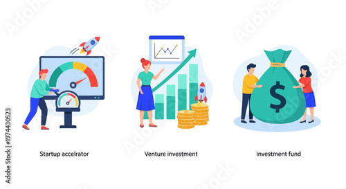 Start up accelerator, Venture investment, investment fund. Business incubator abstract concept vector illustration set.