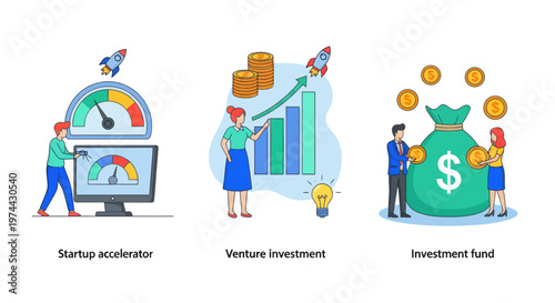 Start up accelerator, Venture investment, investment fund. Business incubator abstract concept vector illustration set.