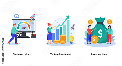 Start up accelerator, Venture investment, investment fund. Business incubator abstract concept vector illustration set.