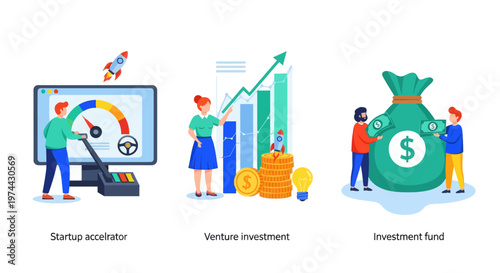 Start up accelerator, Venture investment, investment fund. Business incubator abstract concept vector illustration set.