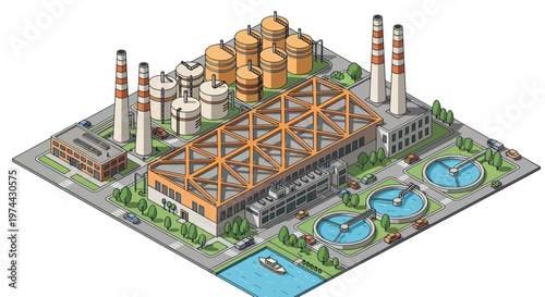 Isometric Industrial Complex with Factories and Water Treatment Facilities.