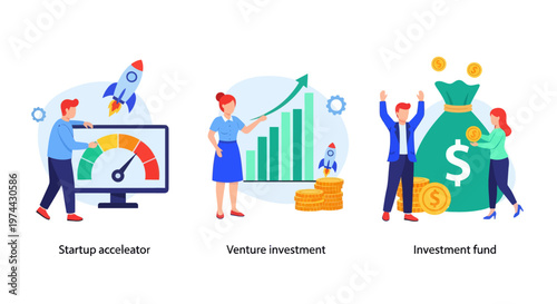 Start up accelerator, Venture investment, investment fund. Business incubator abstract concept vector illustration set.