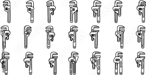 Industrial Wrenches Black and White Line Art Icons for Plumbing, Mechanics, and Construction. Adjustable Repair Tool Outline Glyph Set.