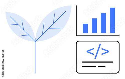 Sustainable solutions, data-driven progress, eco-innovation, programming, analytics, technology. A plant with data charts and code symbol. Sustainable solutions and data-driven progress