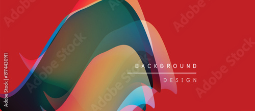 Abstract flowing shapes, vibrant colors, red background. Modern design elements create dynamic visual texture.