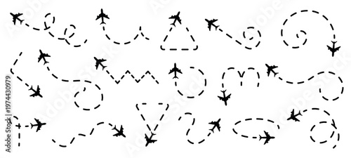 Airplane silhouette dotted path set vector illustration, aviation elements, travel and flight design
