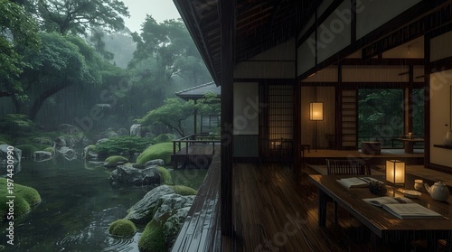 Serene Traditional Japanese House and Garden on a Rainy Day