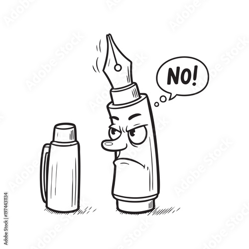 An angry inkwell and pen cartoon with a speech bubble saying no silhouette high quality professional