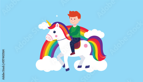 vector Boy Riding a Magical Unicorn Over a Rainbow and Clouds