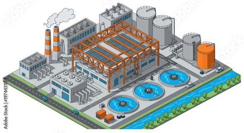 Isometric Industrial Complex with Water Treatment Facilities and Factories.