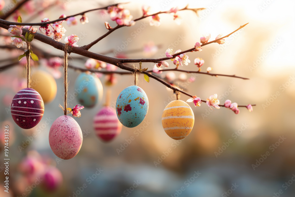 Obraz premium Decorative Easter eggs hanging on blossoming tree branches outdoors with soft spring light and dreamy bokeh background