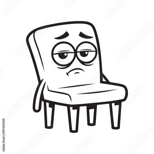 An illustrated chair with a sad cartoon face is depicted in stark black lines silhouette