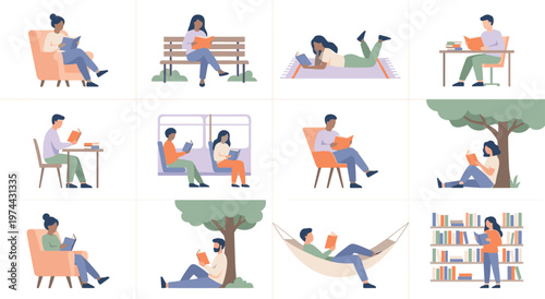 Various individuals are depicted reading books in different settings and positions. Illustrations capture quiet moments of people enjoying literature, emphasizing diverse reading habits.
