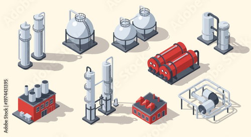 Isometric Industrial Equipment Set for Chemical and Oil Refineries.