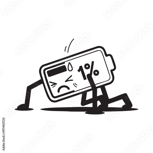 A cartoon battery character with only 1 power struggles to stand depicted as a silhouette