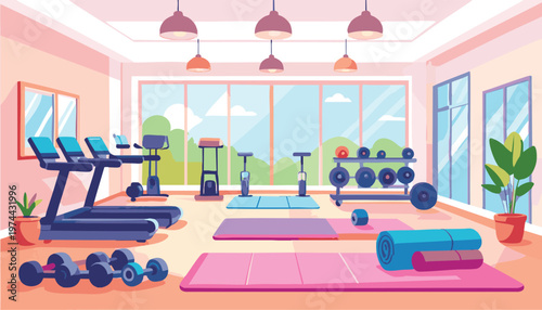 vector Brightly Lit Modern Gym Interior with Exercise Equipment