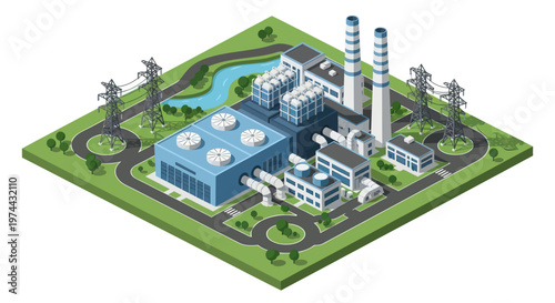 Isometric industrial power plant complex with infrastructure and energy production.