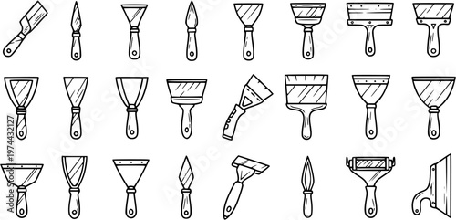 Hand drawn black and white line art collection of construction, painting, and art spatulas, scrapers, putty knives, and trowels for DIY and renovation.
