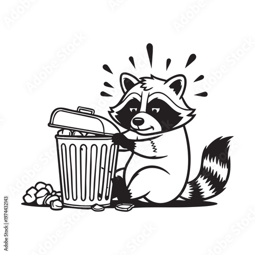 A raccoon curiously investigates a trash can filled with debris a playful scene silhouette high quality