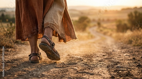 Jesus Christ walking on dirt path in golden sunset. Biblical figure wearing robe and sandals traveling through desert landscape. Faith, spirituality and religious journey concept.