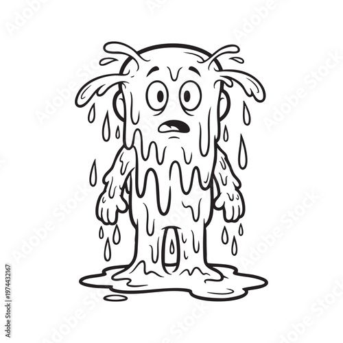 A dripping cartoonish monster with a startled expression depicted as a black silhouette high quality professional