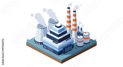 Isometric Industrial Power Plant with Cooling Towers and Chimneys.